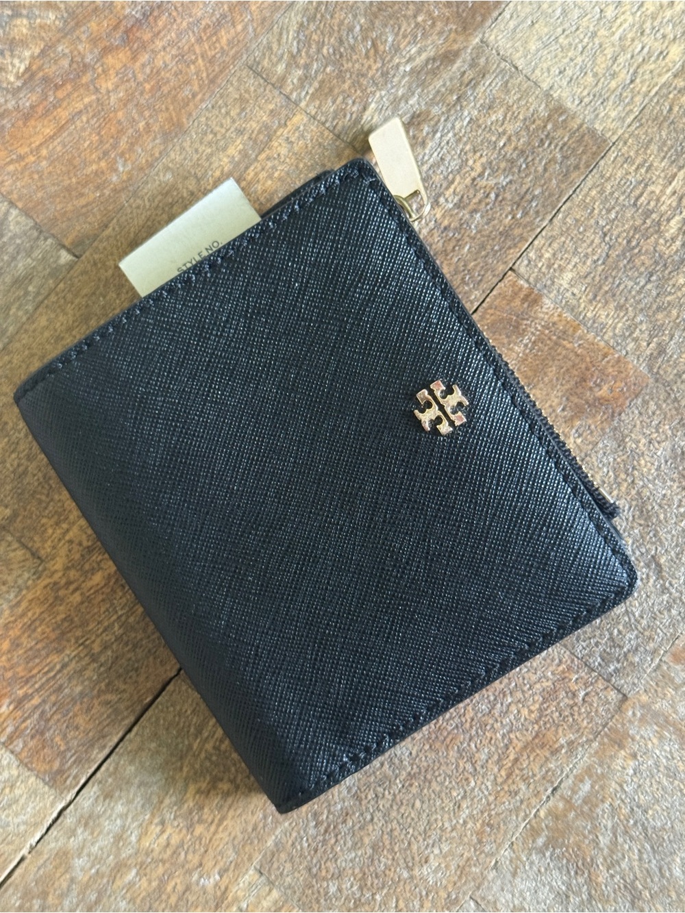Tory Burch Black Saffiano Zip Card Holder with Gold Logo